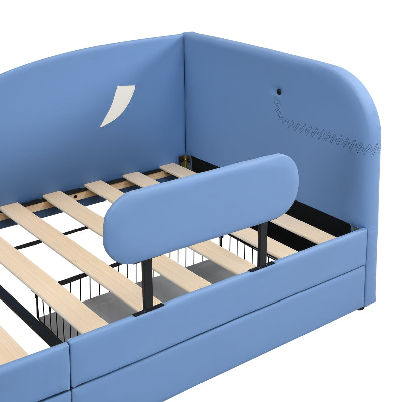 Kinder-Spleißbett, Polsterbett, Tagesbett, Walförmiges Design, Schlafsofa mit Metallbettgestell, 2 Schubladen auf Rollen, PU+MDF+Sperrholz, Blau, 90x200cm