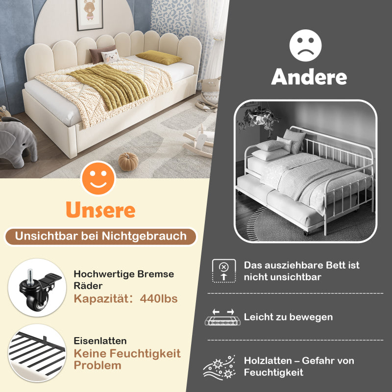 Polsterbett Daybett 90x200cm,Tagesbett Schlafsofa mit Ausziehbett 90x190cm, Kinderbett mit Lattenrost, Samt,Beige, ohne Matratze