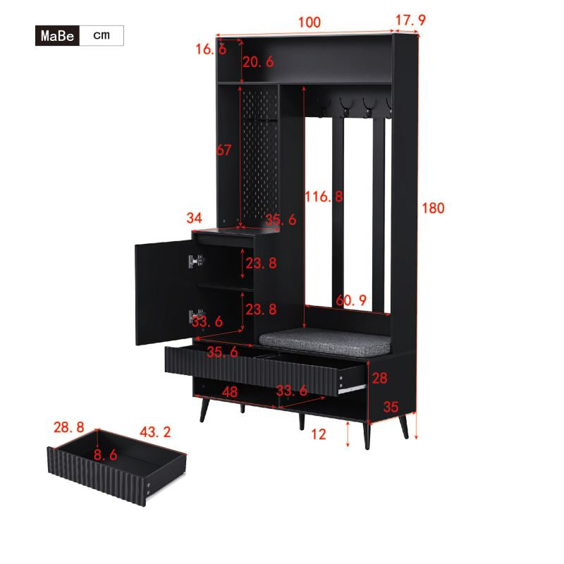 Garderoben-set, Wandgarderobe, Flurgarderobe Set mit Schuhbank, Schwarz,100 Lx35Bx180H cm