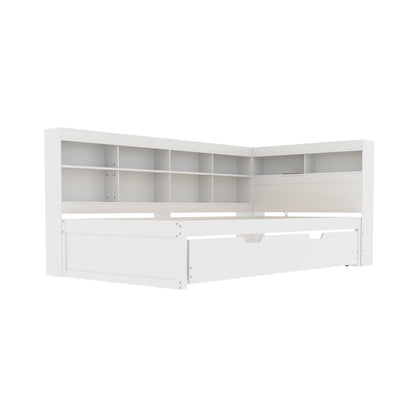 Multifunktions-Schlafsofa 90x200 & 90x190 Ausziehbar - Massivholz Weiß mit USB-Anschluss, Stauraum & Ablagefächern - Praktisches Einzelbett, Weiß