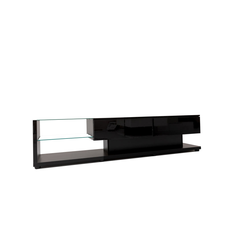 TV-Schränke, Lowboards, Hochglanz-Wohnzimmermöbel. Glastrennwände und variable LED-Beleuchtung. Es verbindet natürlichen, rustikalen Stil mit modernem Design.