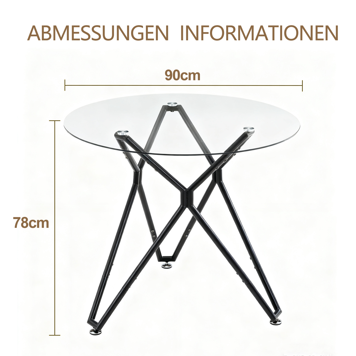 Esstisch Rund 90 cm Schwarz, Glastisch mit Gehärtetem Glas & Metallbeinen, Modernes Design