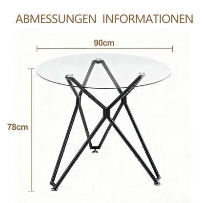 Esstisch Rund 90 cm Schwarz, Glastisch mit Gehärtetem Glas & Metallbeinen, Modernes Design