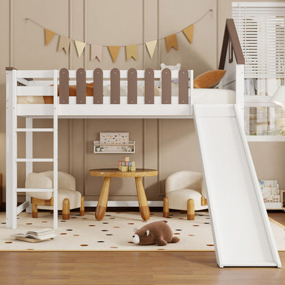 Hochbett, Mit Dach und Fenster, Mit dreistufiger gerader Leiter, Jugendbett, Kinderbett mit Rutsche,  Kiefer+MDF, Weiß+Walnuss, 90x200cm