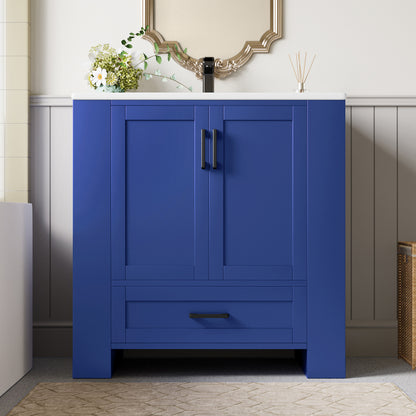 76 x 46 x 78.5cm Bodenstehender Badezimmerschrank, Waschtisch,komplett lackiert, Doppeltürregale, geräuschlose Schubladen, Regale auf beiden Seiten, integriertes Keramikwaschbecken, blau
