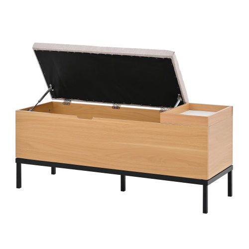 Sitzbank mit Stauraum 115 cm, Gepolsterte Truhenbank Holzoptik Natur, Stoffbezug Hellgrau, Flurbank