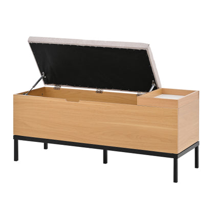 Sitzbank mit Stauraum 115 cm, Gepolsterte Truhenbank Holzoptik Natur, Stoffbezug Hellgrau, Flurbank
