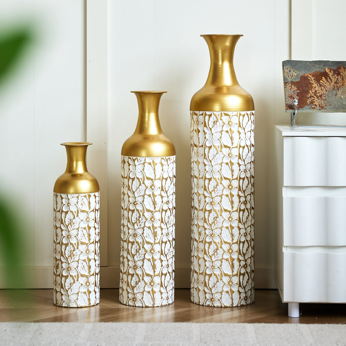 3er Set Bodenvase Metall, Weiß-Gold, Retro Stil, 83/65/50 cm hoch