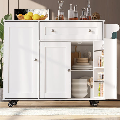 Küchenwagen, herausnehmbarer Speisewagen mit klappbarer Tischplatte, Schranktür mit Snack-Regal, verstellbare Trennwände, 1 Schublade, 4 Räder (2 feststellbar), weiß (105,5*40-60*83cm)