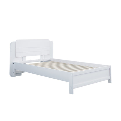 Holzbett 90*200 cm , Einzigartige und Minimalistische Form, Kopfteil mit Liniendesign, Kindereinzelbett, Weiß