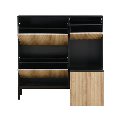 Schuhschrank mit Schuhwechselhocker, dreifach klappbarem Schuhregal und offenem Stauraum, geeignet für Flure, Schwarz + Holzfarbe