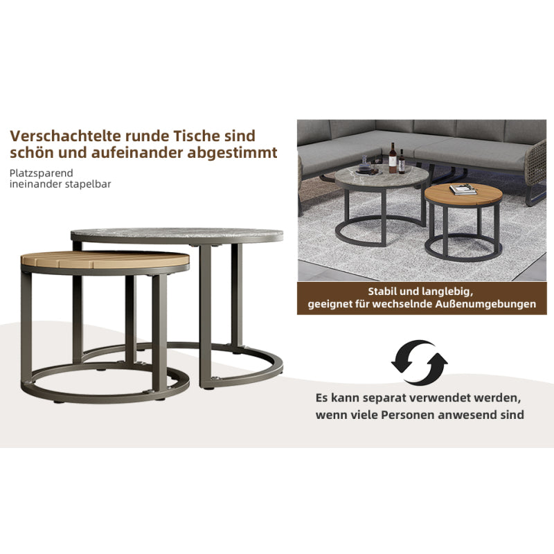 Gartenmöbel-Set für 6-7 Personen, Outdoor-Lounge-Set, Rattan-Handwerk, mit zwei Tischen, mit verzinktem Eisengestell, verstellbare Beine, inklusive aller Sitz- und Rückenkissen, grau