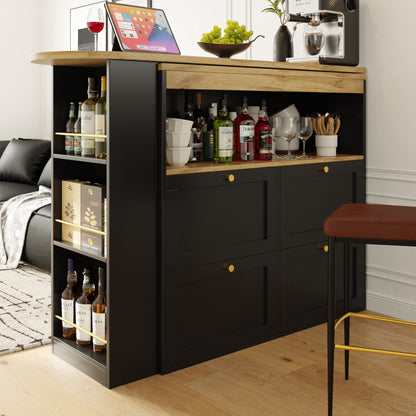 Um 360° drehbarer Bartisch (Hauptkörper 105 x 39 x 102 cm), mit 4 Schubladen und offenen Ablagen, geeignet für Esszimmer/Arbeitszimmer/Wohnzimmer usw