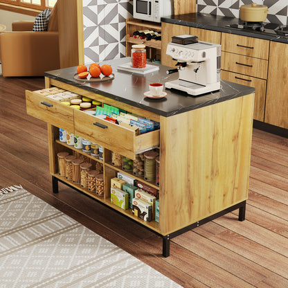 Kücheninsel 120x75 cm (Eiche & Marmor-Optik), Küchentheke mit Sitzplatz, 2 Schubladen, Metallgestell