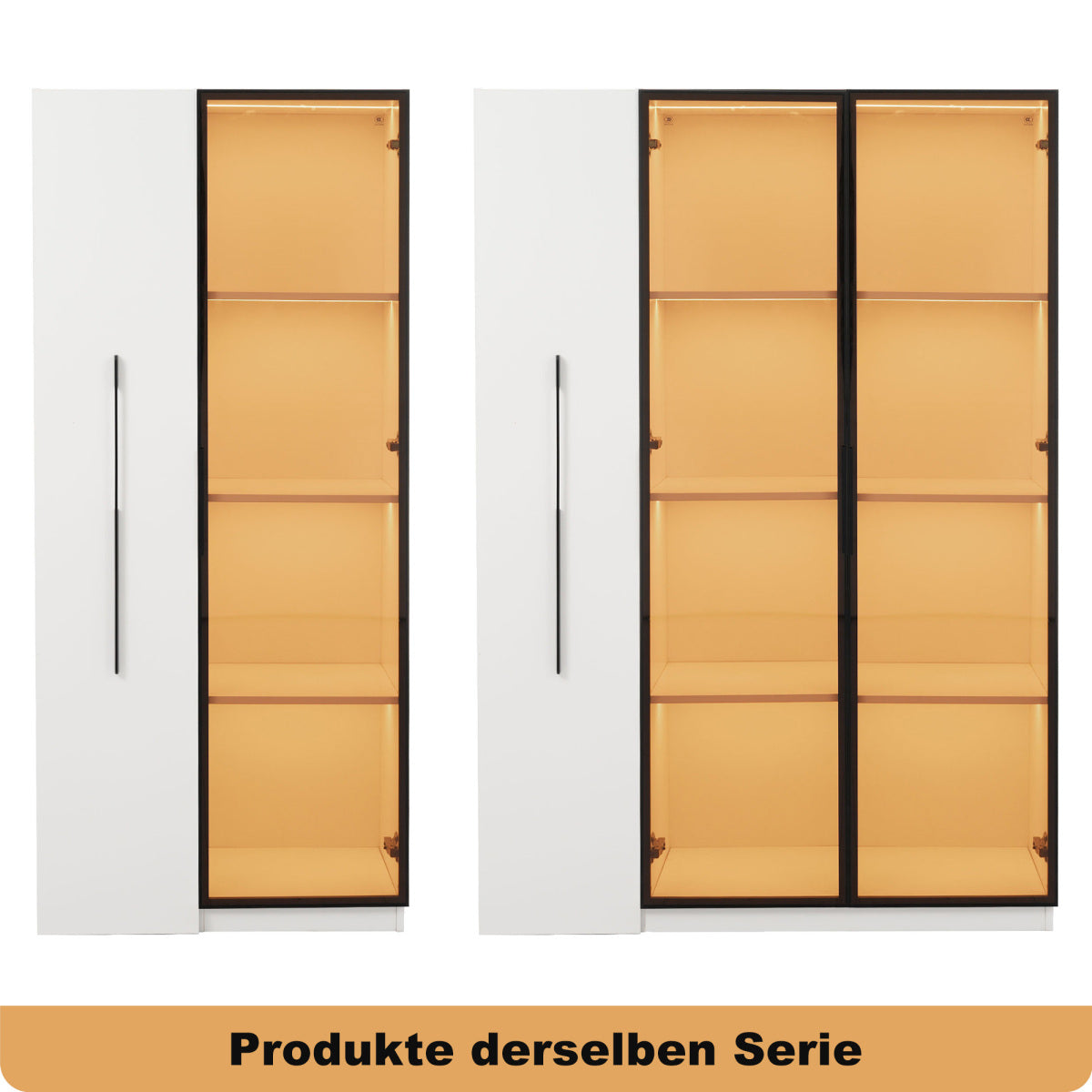 Multifunktionsschrank 110,5x35x160cm - LED-Vitrine mit bernsteinfarbenem Glas, Seitenauszug & Rollen - Weißer Hochschrank im modernen Stil