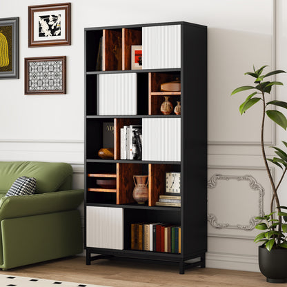 Bücherregal mit 5 Fachböden, Höhe 165 cm, Breite 80 cm, mit Fachböden, Farben schwarz, weiß und braun