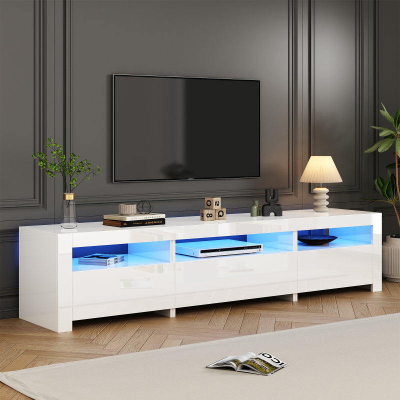 Weißer Hochglanz-TV-Schrank mit LED-Beleuchtung und Stauraum, weißes niedriges Paneel, bietet Platz für 80-Zoll-Fernseher, TV-Unterschrank mit herunterklappbarer Schranktür, 190 x 24 x 40 cm