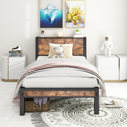 90x200 cm Metallgestell mit Stauraum-Kopfteil, Einzelnes Metall-Plattformbettgestell, Geräuschfrei, Metalluntergestell, Ohne Boxspring Notwendig, Vintage Braun