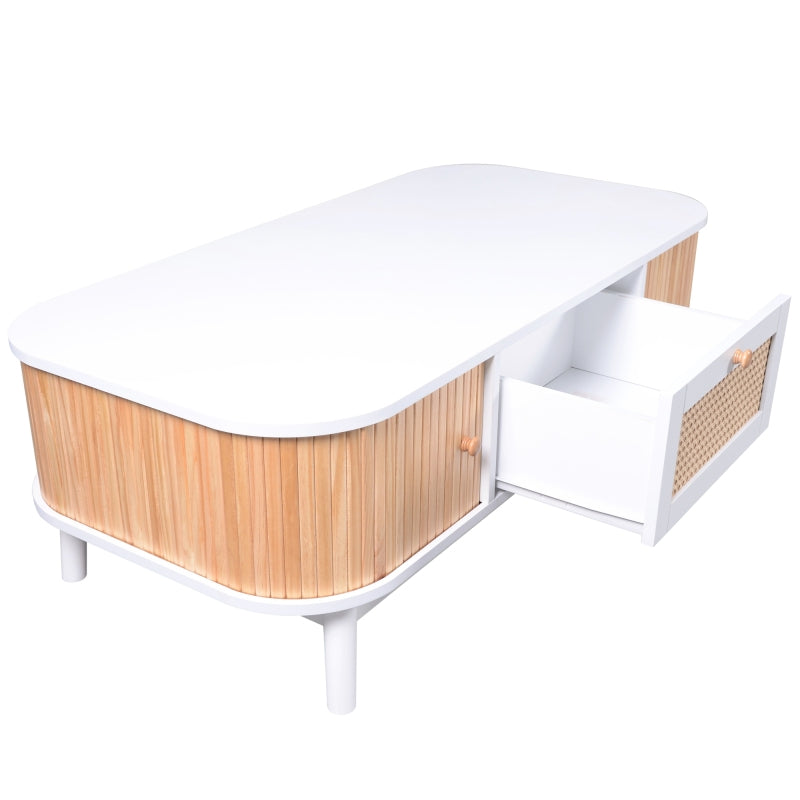 Couchtisch - Rattan-Kaffeetisch, Schubladen mit Rattan und Schiebetüren mit Massivholzlatten, Massivholzbeine, Natürlicher Landhausstil.