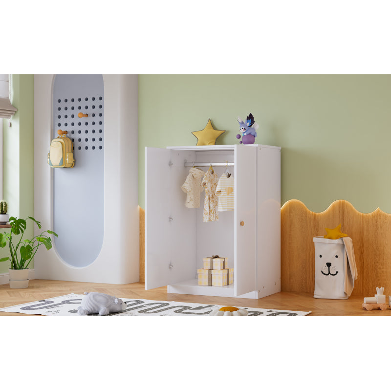 Kleiner Kleiderschrank mit Stange, 2-türiger Kleiderschrank, Schlafzimmer, Wohnzimmer, Kinderkleiderschrank, MDF, Weiß