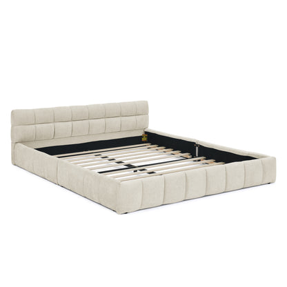 Doppelbett 160x200 cm, Bett mit seidig weichem Chenille - Bezug, quadratischem Steppdesign, Beige (ohne Matratze)