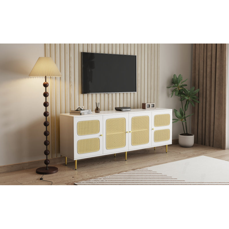 Eleganter Weißer Rattan-TV-Schrank 180x40x72 cm - Mit 4 Rattantüren, Höhenverstellbaren Regalen und Kabelmanagement, Für bis zu 80 Zoll Fernseher,TV-Schränke,Lowboards