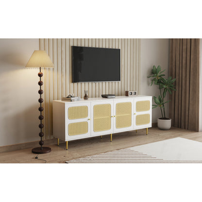 Eleganter Weißer Rattan-TV-Schrank 180x40x72 cm - Mit 4 Rattantüren, Höhenverstellbaren Regalen und Kabelmanagement, Für bis zu 80 Zoll Fernseher,TV-Schränke,Lowboards