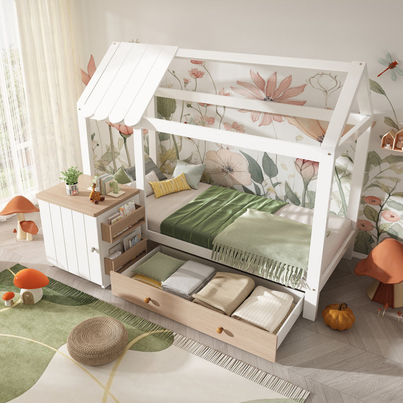 Hausbett Kinderbett 90x200 cm aus Massivholz mit Schubladen & abnehmbarem Nachttisch - Bodenbett in Weiß und Eichenweiß, ohne Matratze