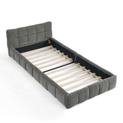 Einzelbett 90*200 cm, Kinderbett mit seidig weichem Chenille - Bezug, quadratischem Steppdesign, Dark Gray (ohne Matratze)