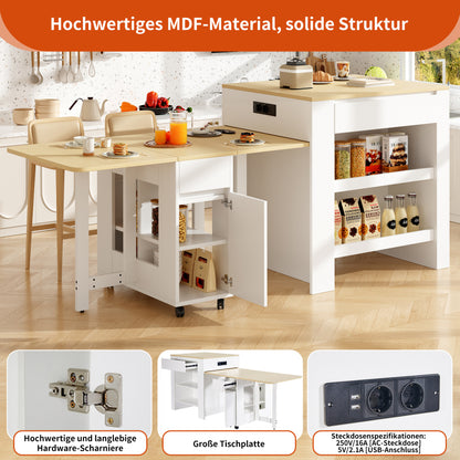 Ausziehbarer Bartisch mit Stauraum(110-124×78×97.5cm), für 2-6 Personen, Kücheninseln mit 2 Schubladen, 2 seitliche offene Regale und eingebaute Steckdose,Tischplatte aus weiß marmoriertem MDF,Weiß