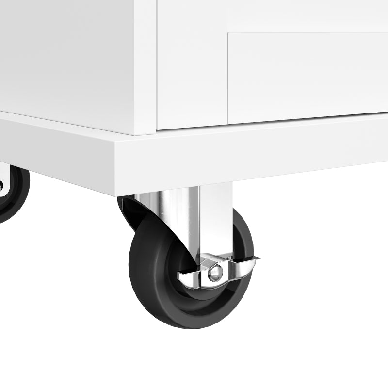 Esszimmerwagen (129 x 46 x 92 cm), modernes minimalistisches Weiß, mobiler Küchen-Esswagen mit Schubladen und Lagerschränken, hellbraune Holzarbeitsplatte, passend für moderne Wohnungen