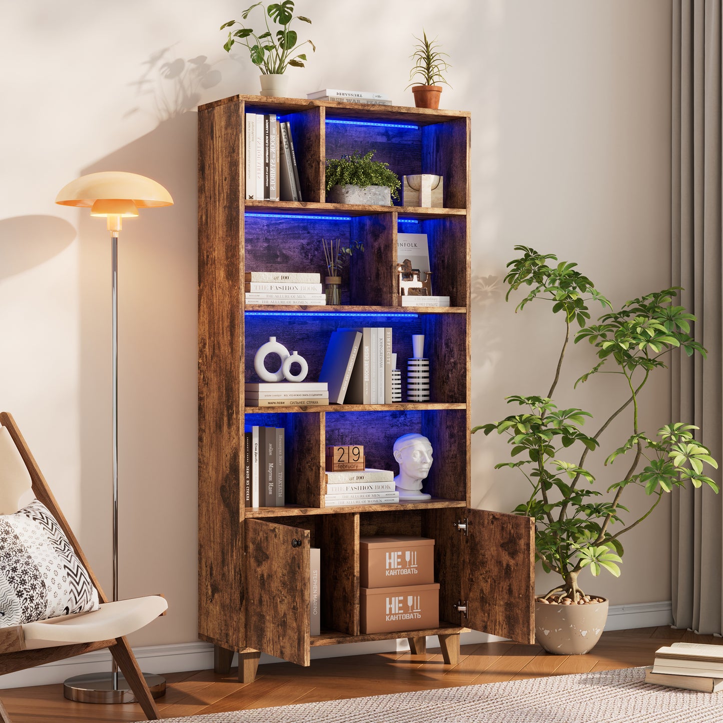 Bücherregal, LED-Farbwechsel-Ambientelicht, Fernbedienung, einfache Form, braun