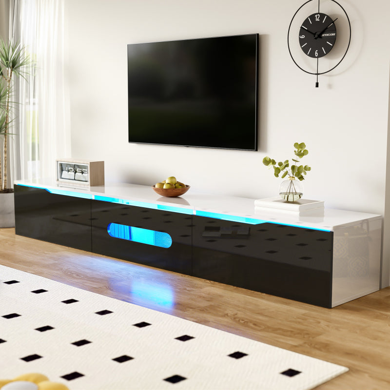 Schwarz-weißer TV-Schrank, 180 cm lang, Hochglanzoberfläche, mit 16-farbiger LED-Beleuchtung, wandmontierbar