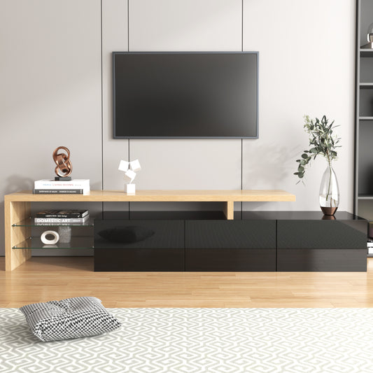Modernes TV-Schrank-Design: Stilvolle Eleganz, praktischer Stauraum, Hochglänzendes Schwarz, Holzoptik, Glasböden, LED-Beleuchtung