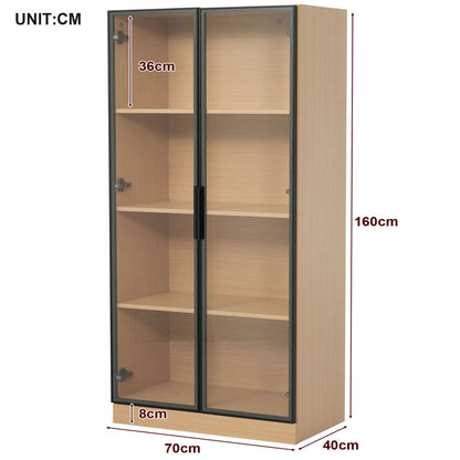 Glasvitrine, Eiche-Optik, 70×40×160 cm: LED-beleuchteter Vitrinenschrank mit gehärtetem Glas und Einlegeböden, ideal für Sammlungen, Bücher und Wein.