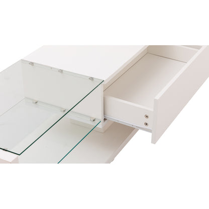 TV-Schränke, niedrige Paneele, hochglänzende weiße Glastrennwände und variable LED-Beleuchtung. Es verbindet natürlichen, rustikalen Stil mit modernem Design.