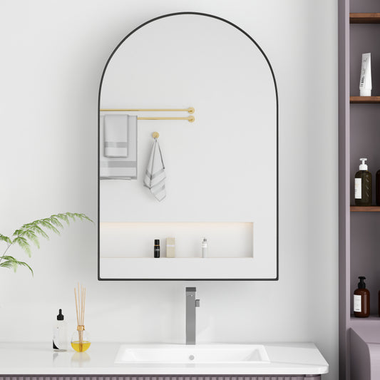 Stylish Arched Mirror Cabinet, Recessed Medicine Cabinet, Wall Cabinet with Metal Framed, Mirror and Adjustable Shelves, Mirror Cabinet with Storage for Bathroom, Living Room and Bedroom, Black