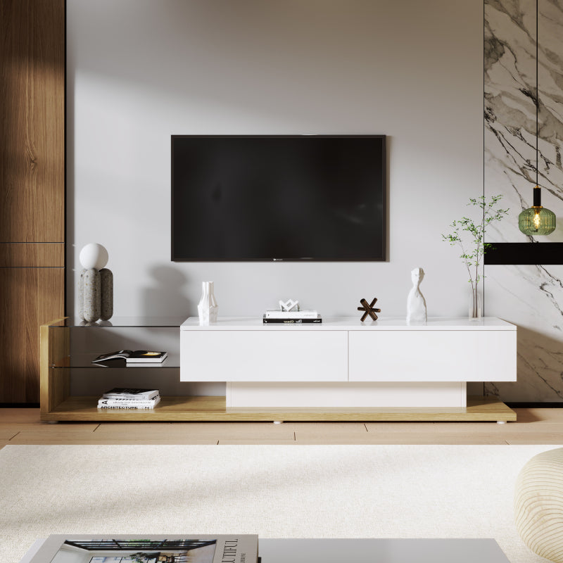 TV-Schränke, Lowboards, Kombination aus Hochglanzweiß und Holzfarben. Glastrennwände und variable LED-Beleuchtung. Es kombiniert natürlichen Landhausstil mit modernem Design.