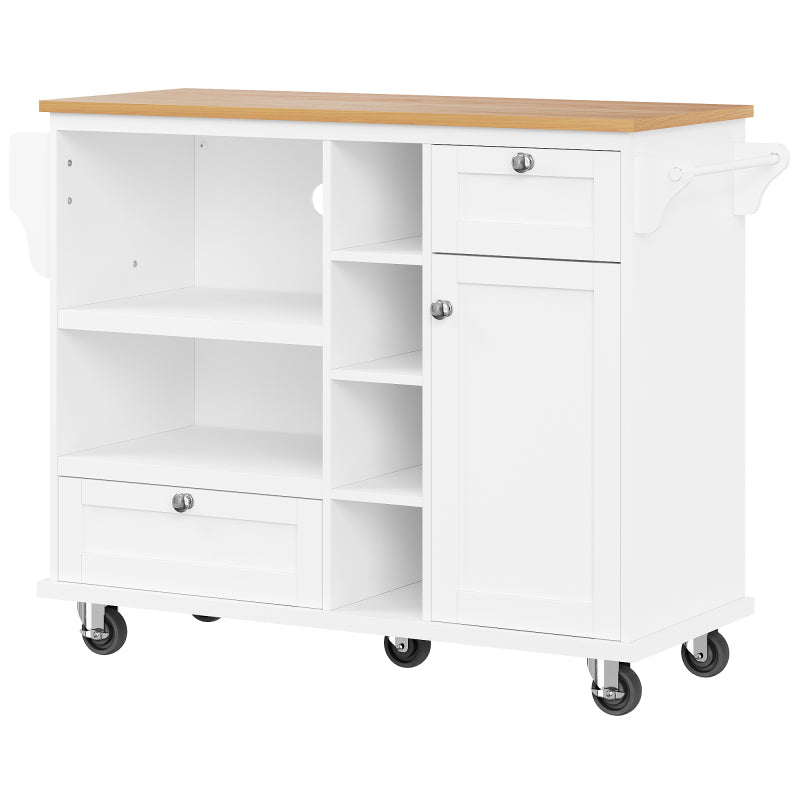 Esszimmerwagen (129 x 46 x 92 cm), modernes minimalistisches Weiß, mobiler Küchen-Esswagen mit Schubladen und Lagerschränken, hellbraune Holzarbeitsplatte, passend für moderne Wohnungen