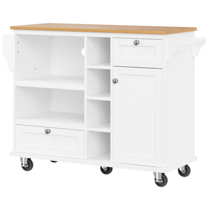 Esszimmerwagen (129 x 46 x 92 cm), modernes minimalistisches Weiß, mobiler Küchen-Esswagen mit Schubladen und Lagerschränken, hellbraune Holzarbeitsplatte, passend für moderne Wohnungen