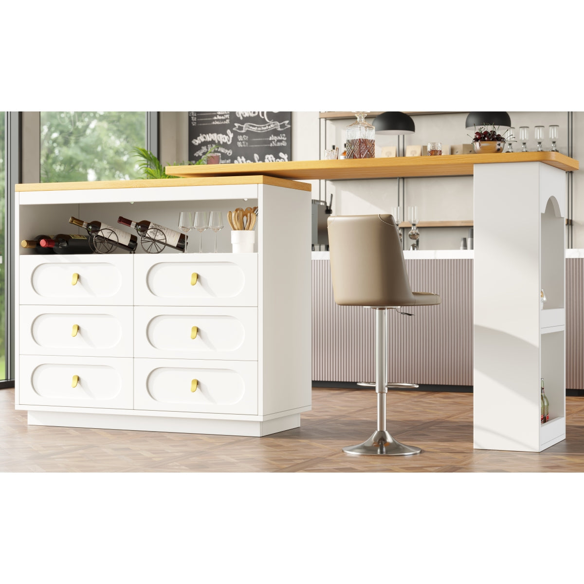 Bartisch ausziehbar 138-203cm, 360° drehbarer Stehtisch mit 6 Schubladen & Snack-Regal, moderner Küchentisch, Schreibtisch & Bar, Weiß