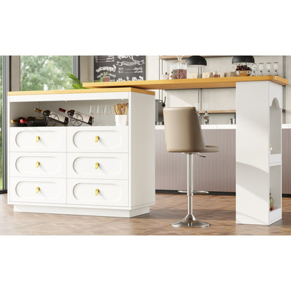 Bartisch ausziehbar 138-203cm, 360° drehbarer Stehtisch mit 6 Schubladen & Snack-Regal, moderner Küchentisch, Schreibtisch & Bar, Weiß