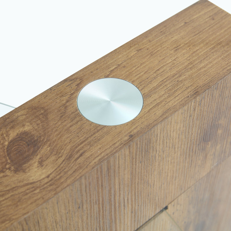 Moderner minimalistischer gehärteter Glas-Couchtisch, mehrschichtiges Design, mit natürlichen Holz-Textur-Aufklebern