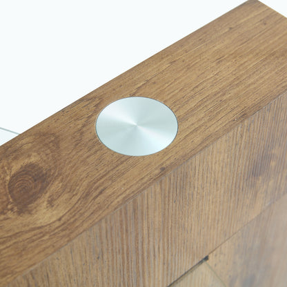 Moderner minimalistischer gehärteter Glas-Couchtisch, mehrschichtiges Design, mit natürlichen Holz-Textur-Aufklebern
