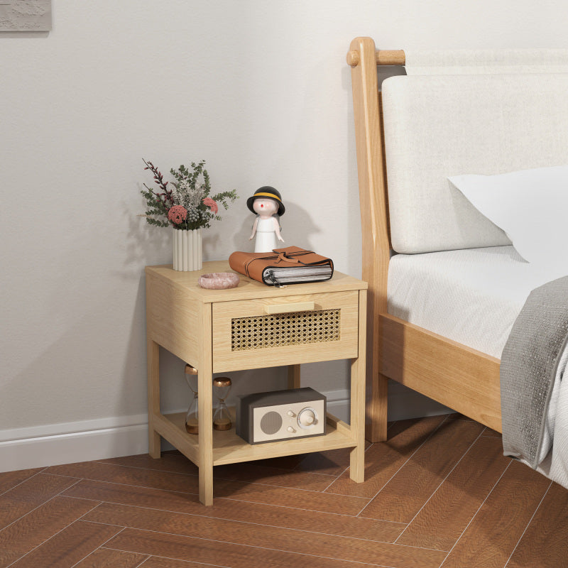 HOMCOM Nachttisch Nachtschrank Beistelltisch natürlicher Nachtkommode mit Schublade offenen Ablage Rattan-Design Natur 40 x 40 x 48,4 cm