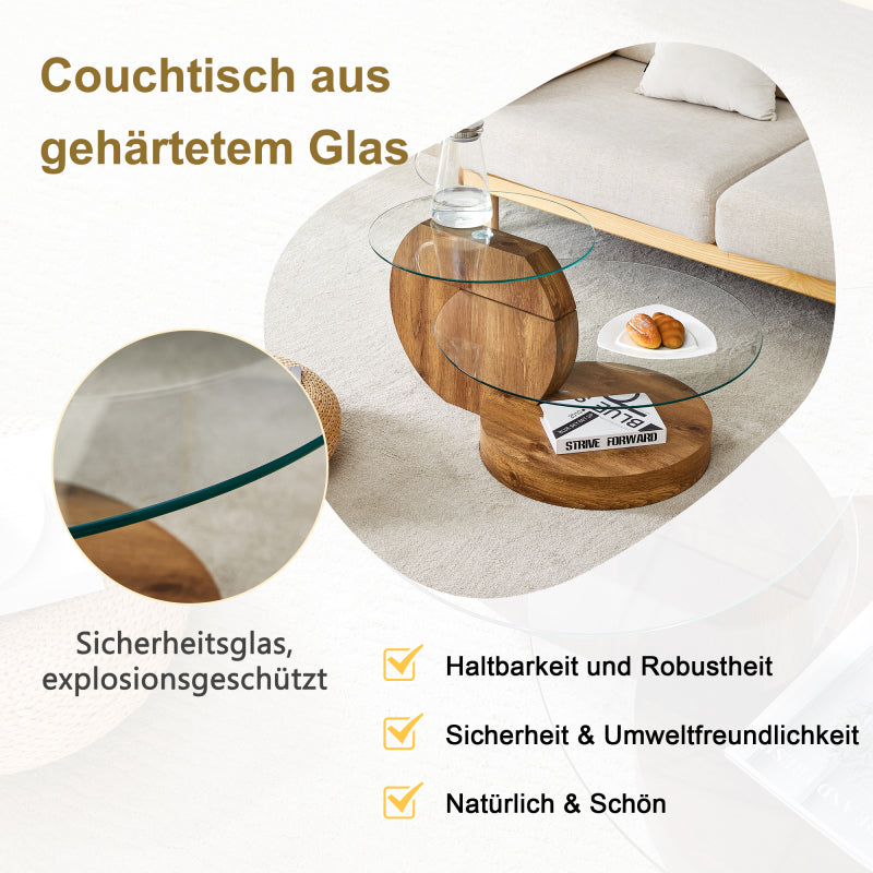 Moderner minimalistischer gehärteter Glas-Couchtisch, mehrschichtiges Design, mit natürlichen Holz-Textur-Aufklebern