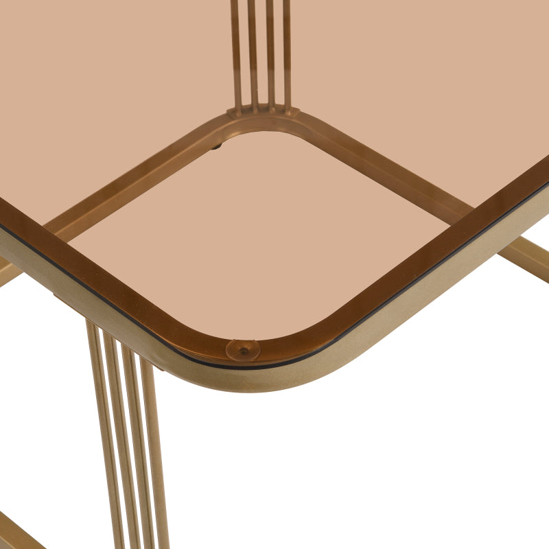 Stapelbarer Couchtisch: hochglänzende Marmoroptik und Teebraun Glasplatte, goldene Akzente, Beistelltisch mit Schubladen.  zweiteiliges Set