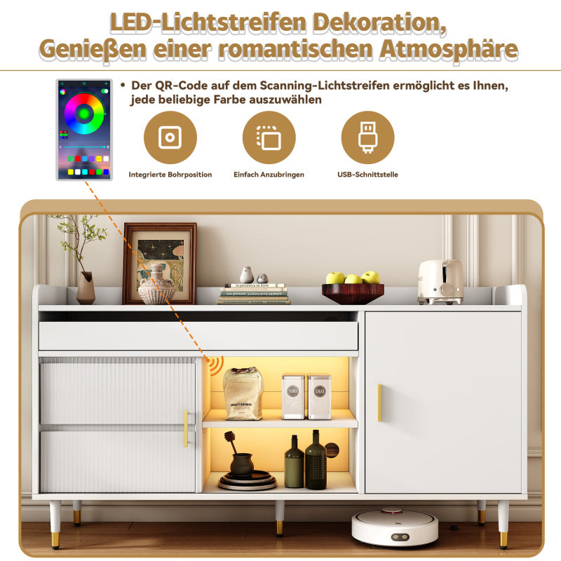Sideboard mit Glasschiebetüren und LED-Beleuchtung – Freistehende Kommode aus Holz, Weiß