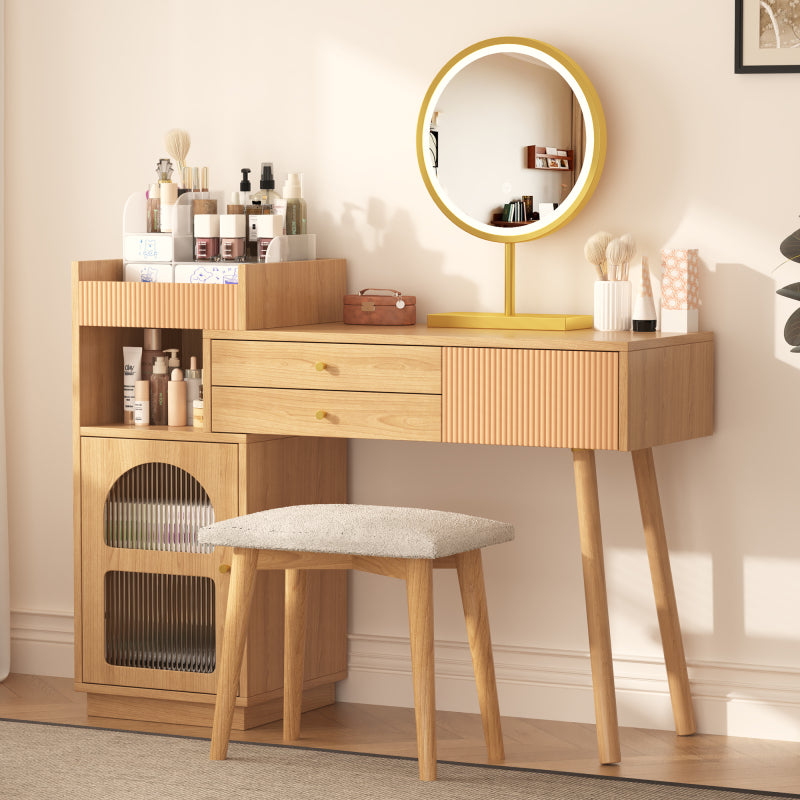 Schminktisch-Set, Kosmetiktisch mit LED-Spiegel und 3-Farbiger Beleuchtung, Schminktisch aus Holz für Schlafzimmerstudio - Maße: B120/H90/T40 cm(ohne Hocker) (Old sku: RN3198724AAA)