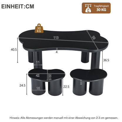 Unregelmäßiger Couchtisch in Knochenform mit 2 kleinen Bänken, großer Couchtisch L 113 cm, B 58 cm, H 40,5 cm, Tischplatte aus MDF und Beine aus PVC mit Filzboden, unregelmäßiger Couchtisch